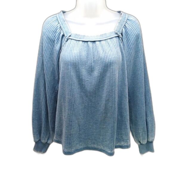 American Rag Lightweight Distressed Waffle Knit Square Neck Baloon Sleeve Top M. - Picture 1 of 9